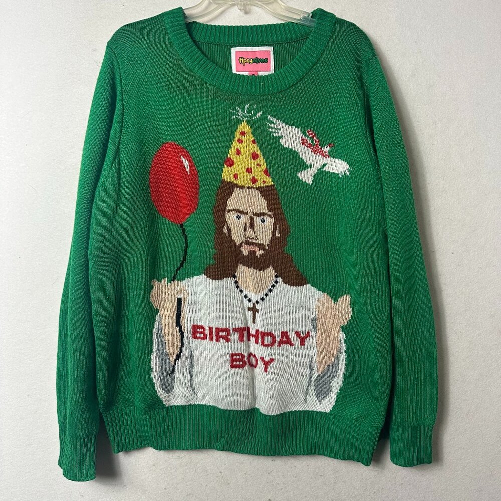 TIPSY ELVES Men’s Size X Large Ugly Christmas Sweater JESUS BIRTHDAY BOY‎ Green